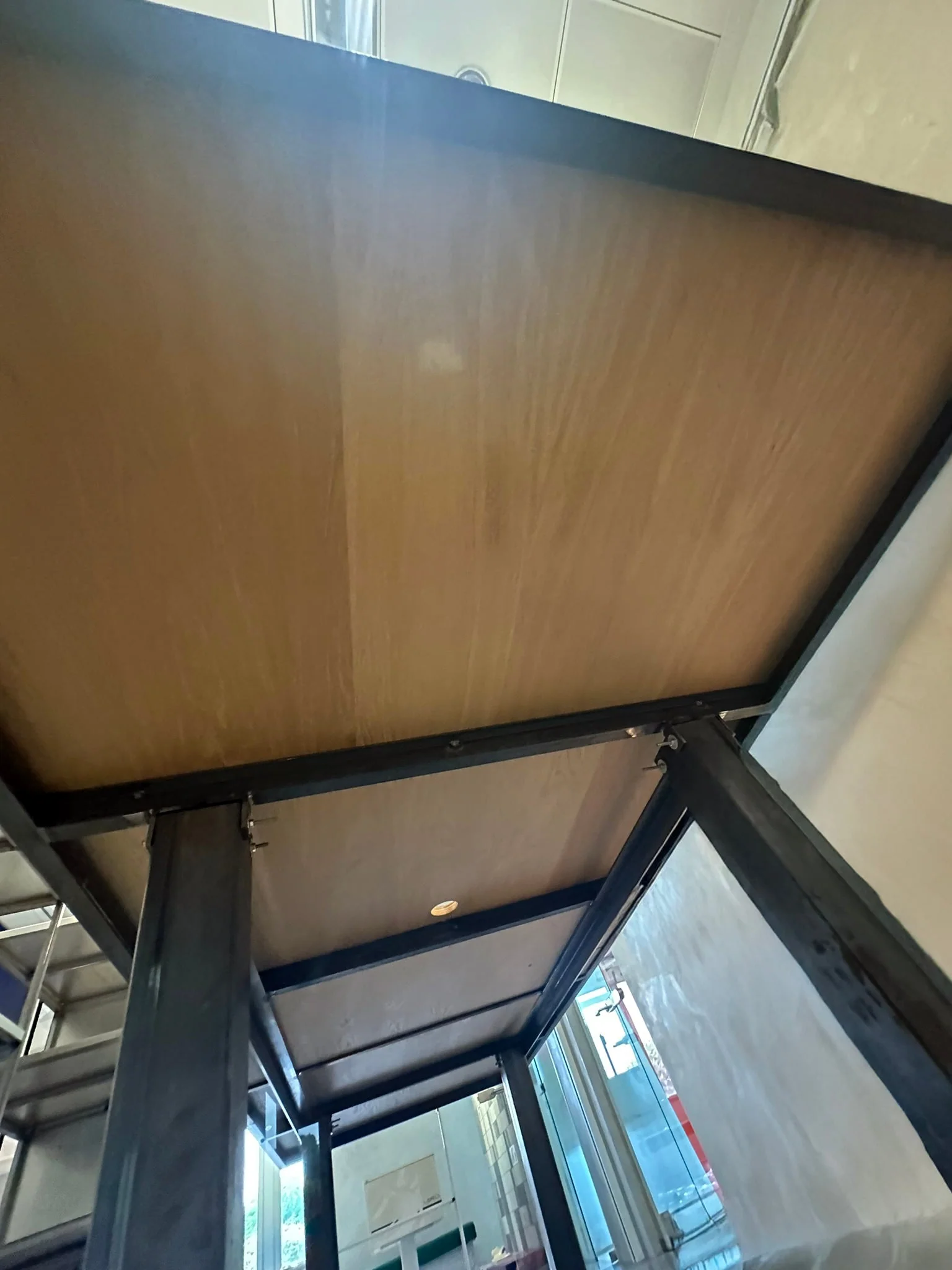 Long Plywood and steel table with display section - Image 4