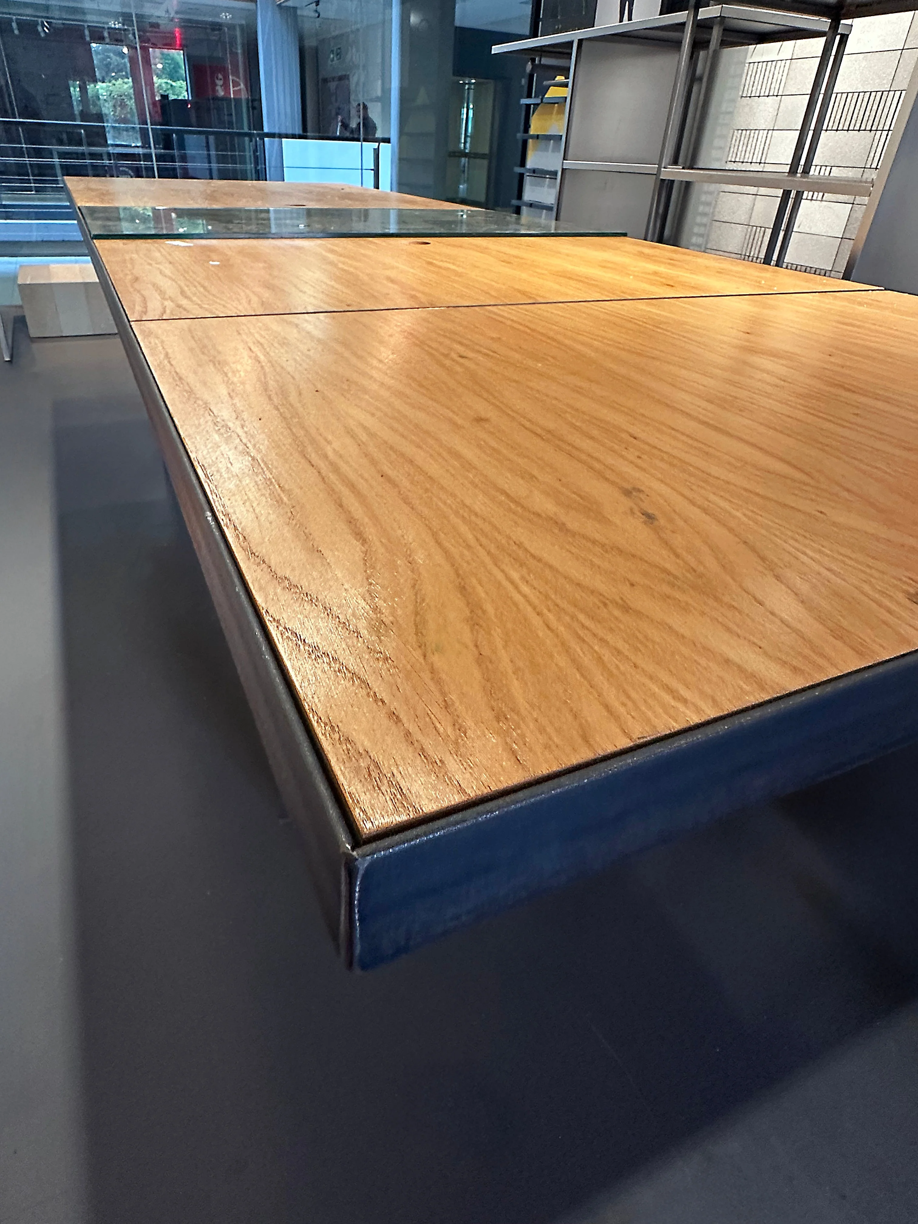 Long Plywood and steel table with display section - Image 6